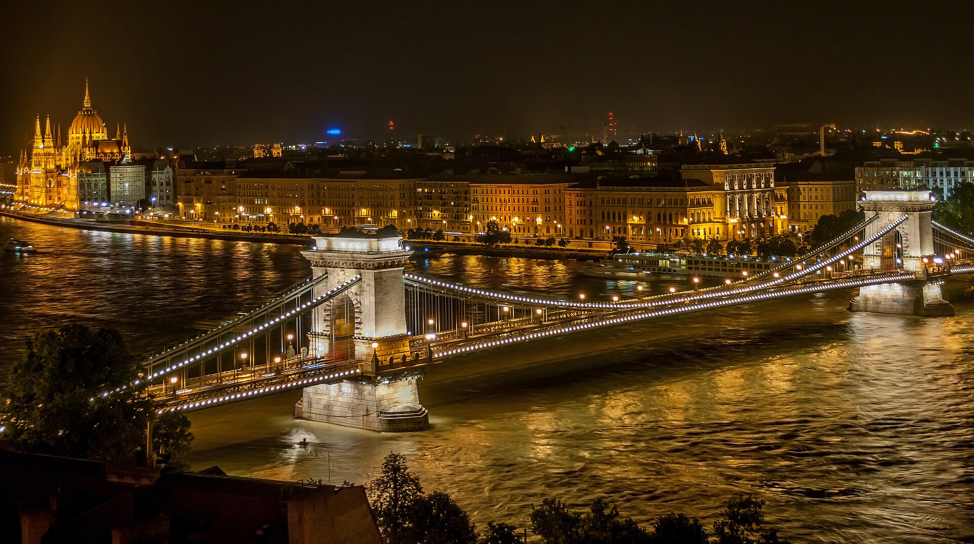 The Chain Bridge and Parliament on the Danube in Budapest at night - NCPI travel CEU trip 2027